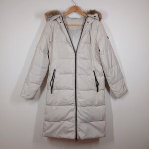 Michael Kors Puffer Coat Womens Small Light Gray Faux Fur Hood Long Down Winter